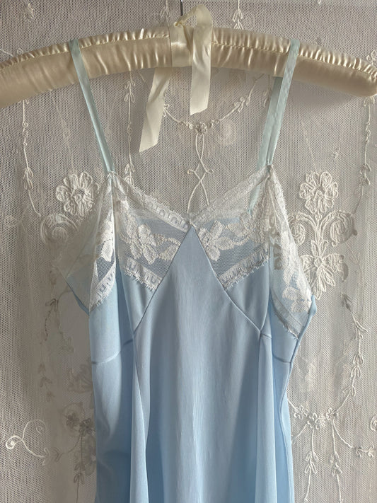 1940s Powder Blue Midi Slip With White Lace