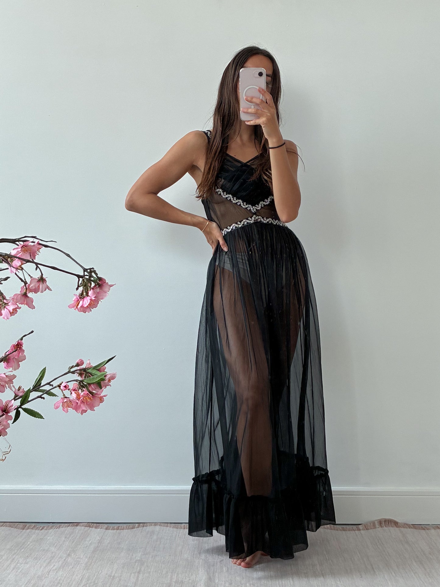 1950s Black Sheer Nightdress With Floral Embroidery