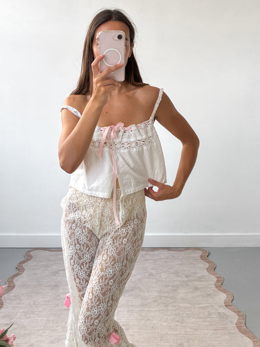 Antique Strappy Camisole With Pink Ribbon S M