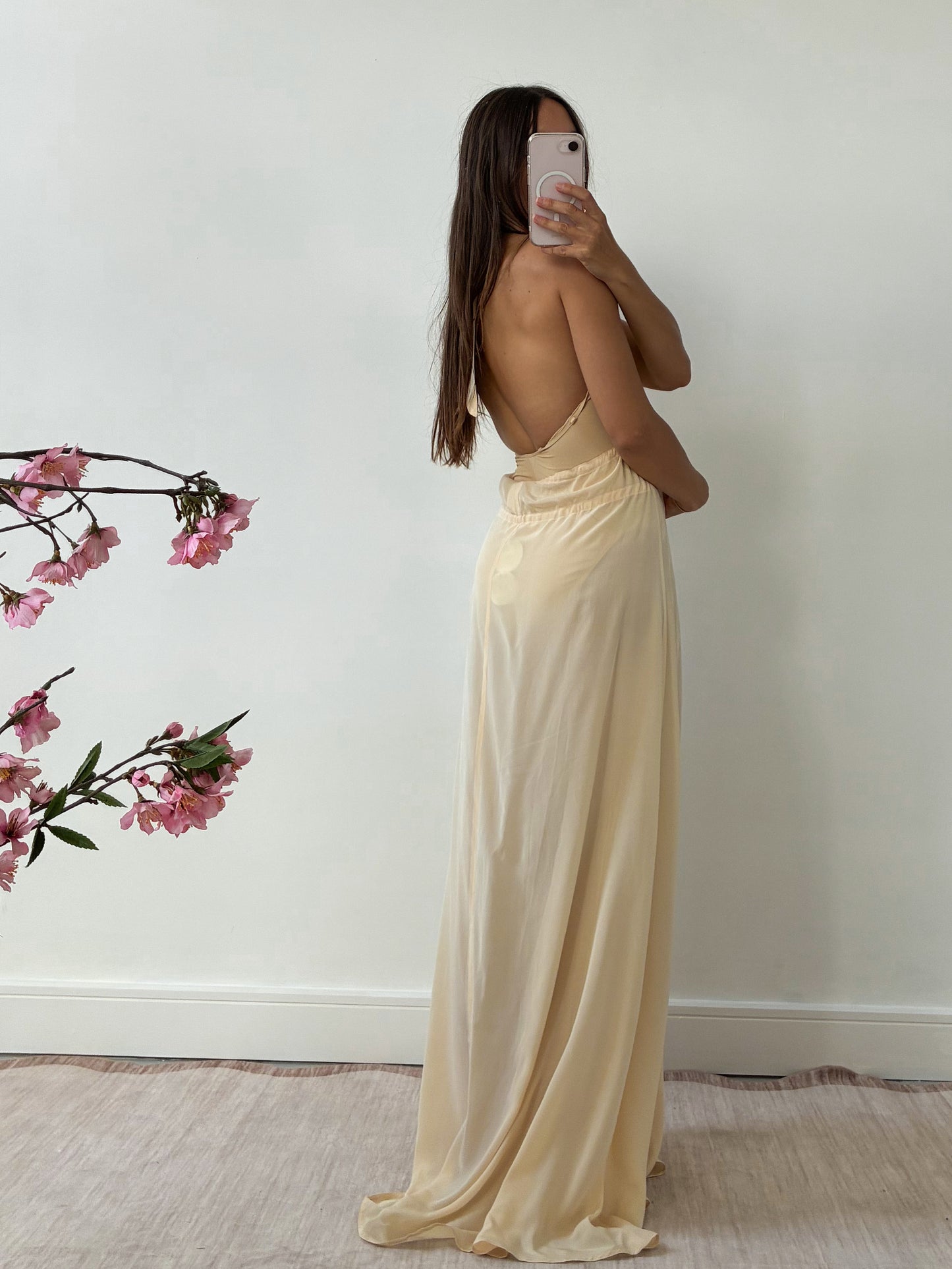 1990s Yellow Silk Halterneck Gown L XL