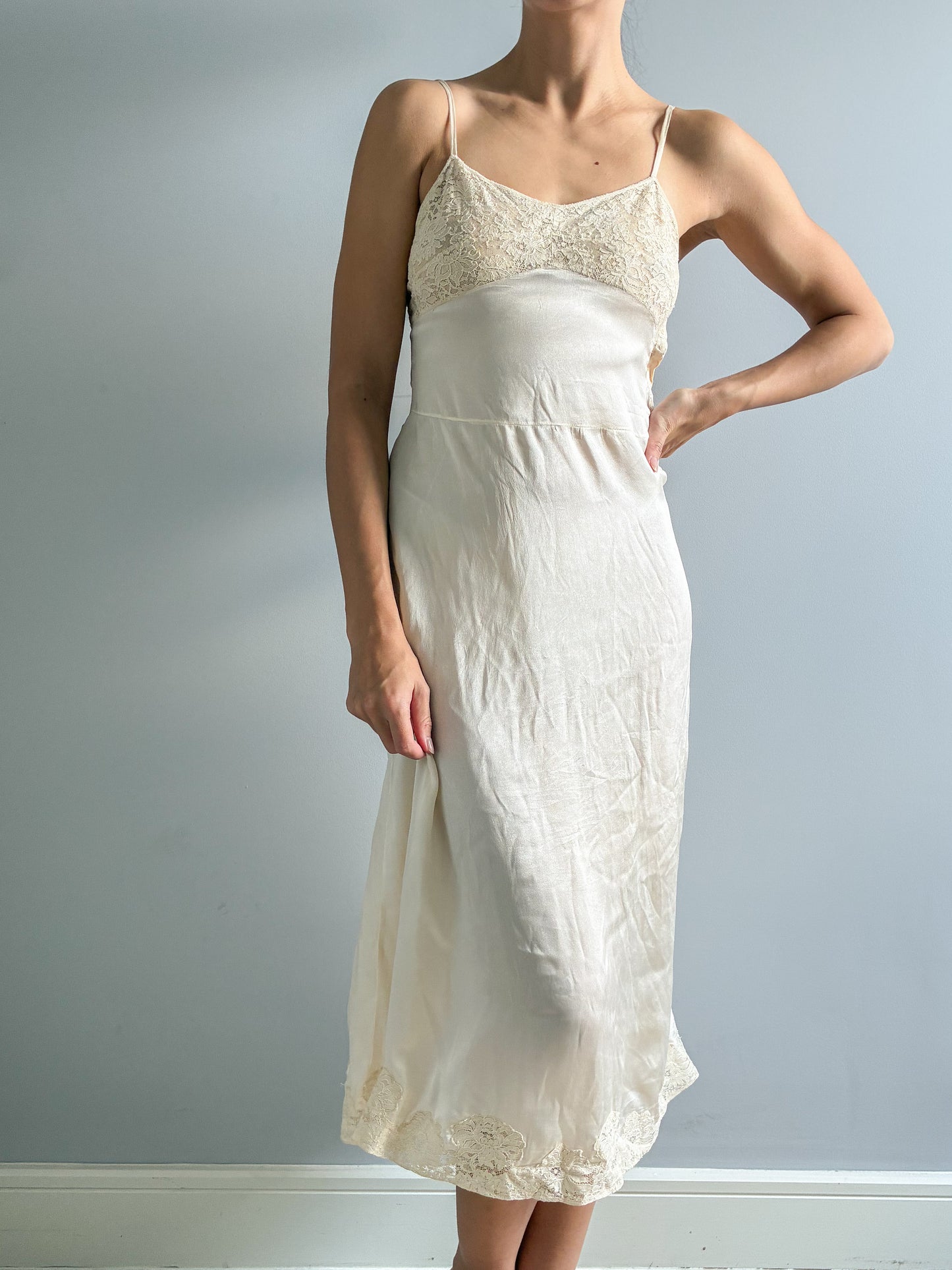 Antique Silk Cream Slip With Lace Trim And Spaghetti Straps