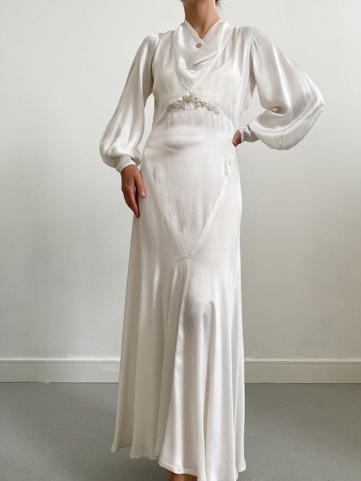 1930s Ivory Satin Wedding Gown with Cowl Neck