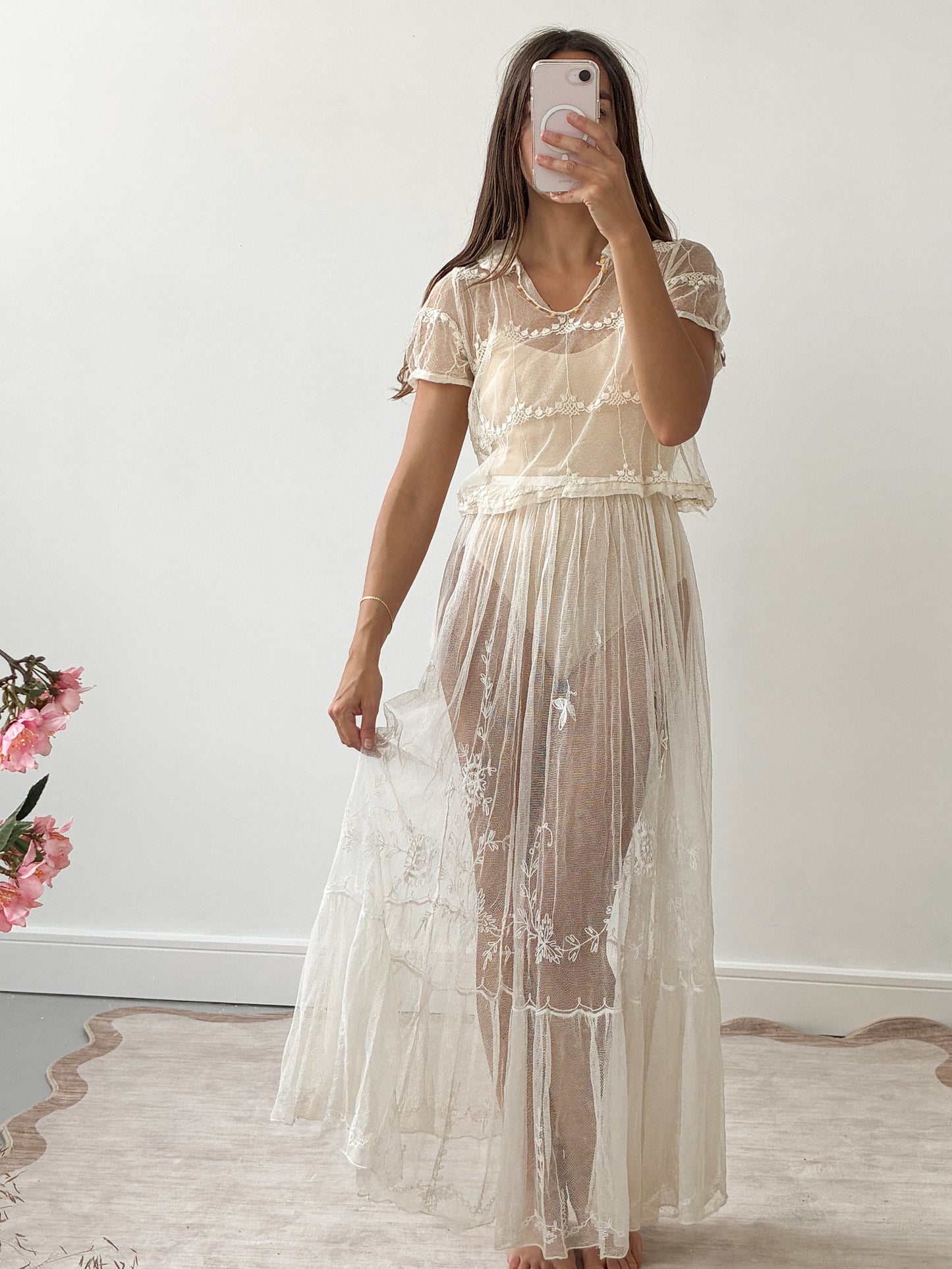 Antique French Embroidered Net Blouse In Cream S