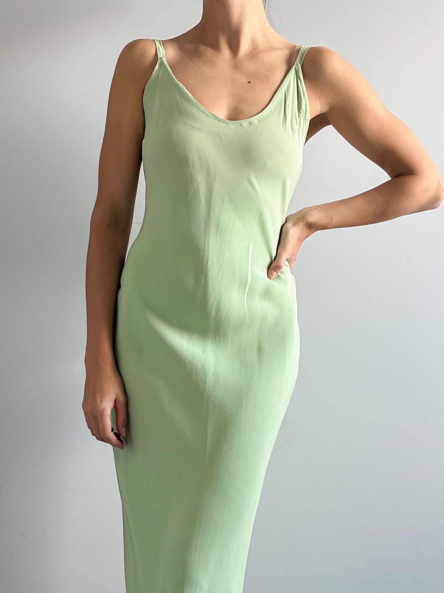1930s Green Satin Slip With Chiffon Trim