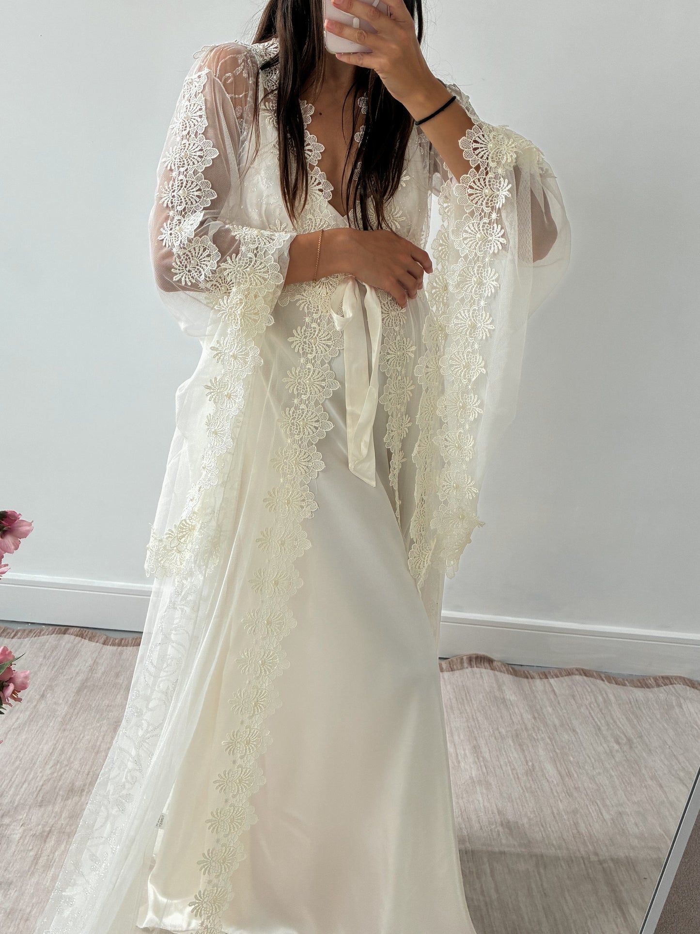 1980s Sheer Robe With Round Lace Detail & Bell Sleeves One Size