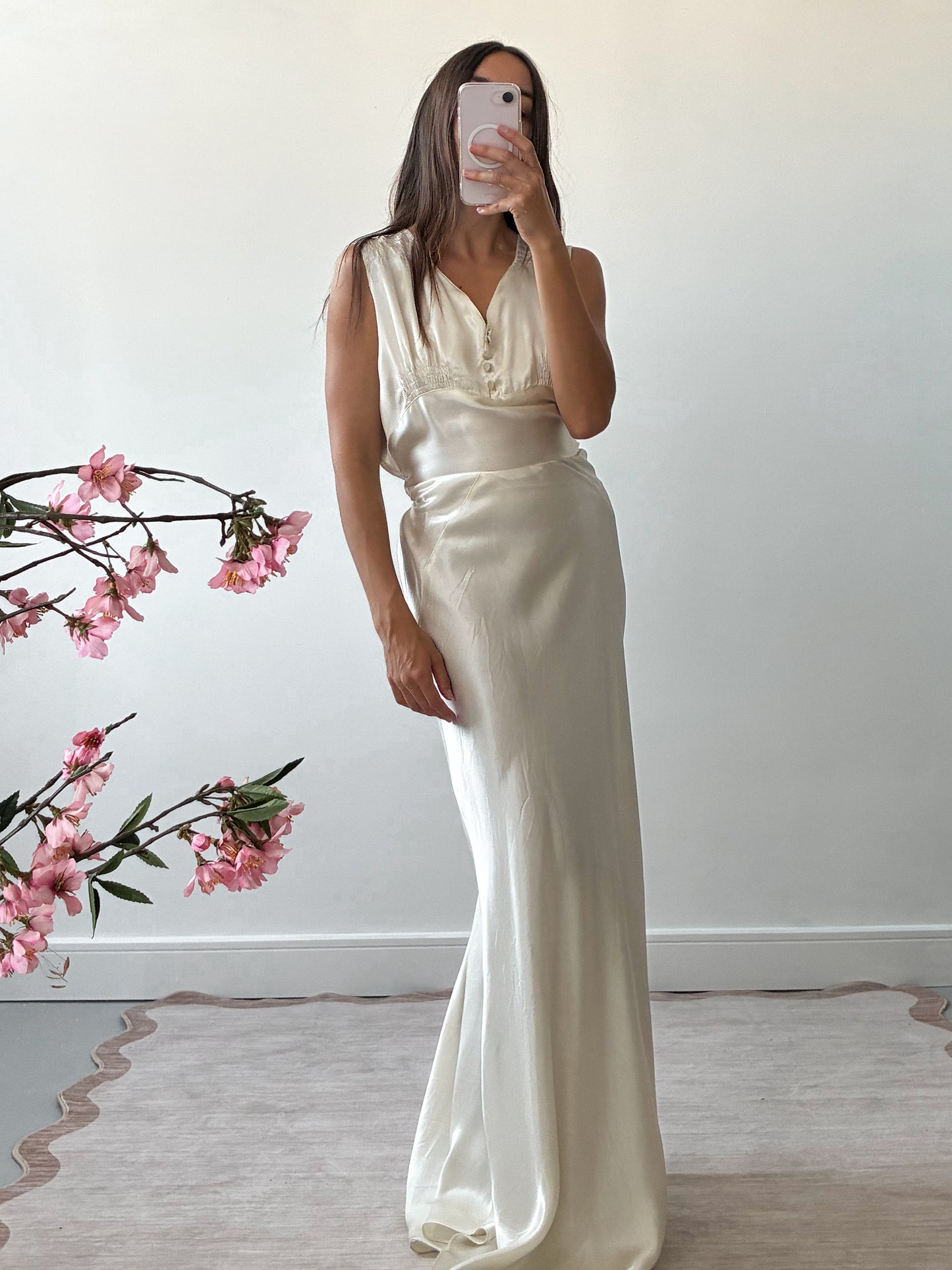 1930s Liquid Satin Bias-Cut Slip Wedding Dress With Matching Belt