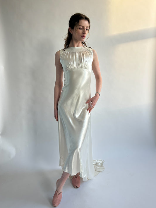 1930s Ivory Satin Sleeveless Wedding Dress with Gathered Neck & Train