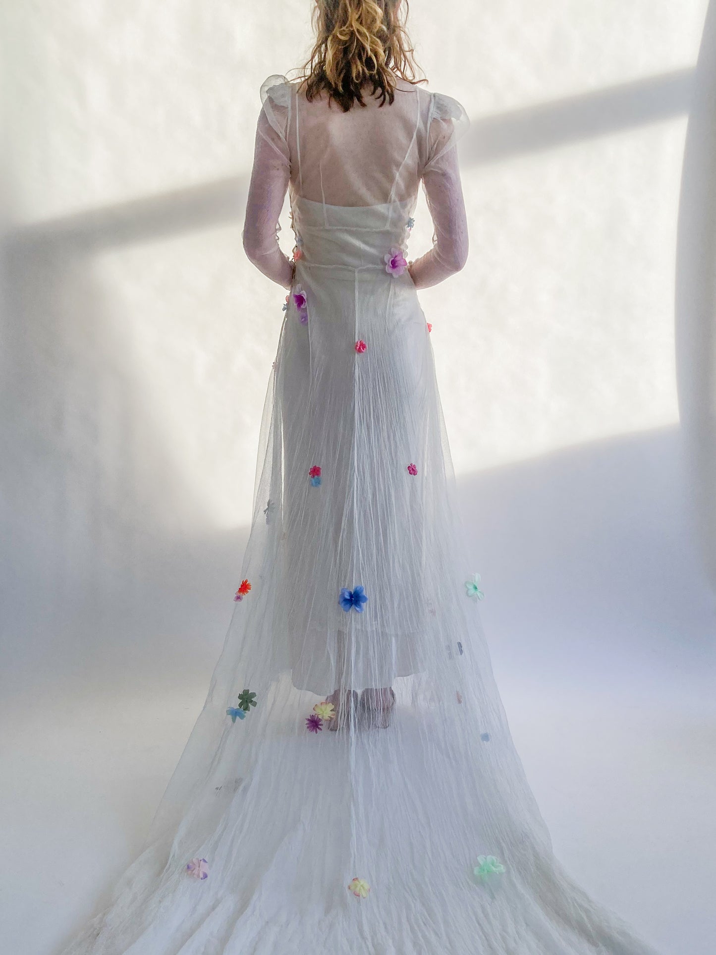 1930s Net Wedding Dress With Flowers and Cathedral Train