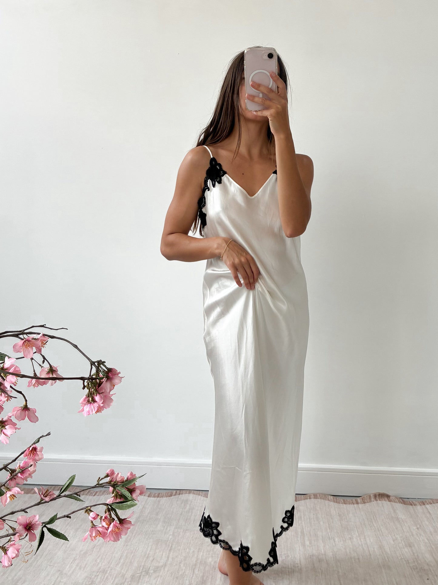 1990s Silk Slip Gown With Cross Back And Black Lace