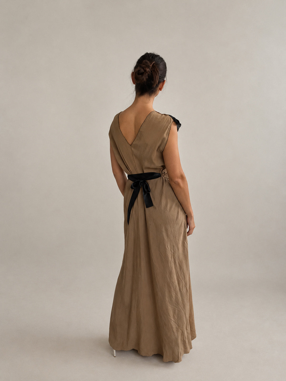 1930s Silk Nightgown With Chiffon Trim In Coffee M L