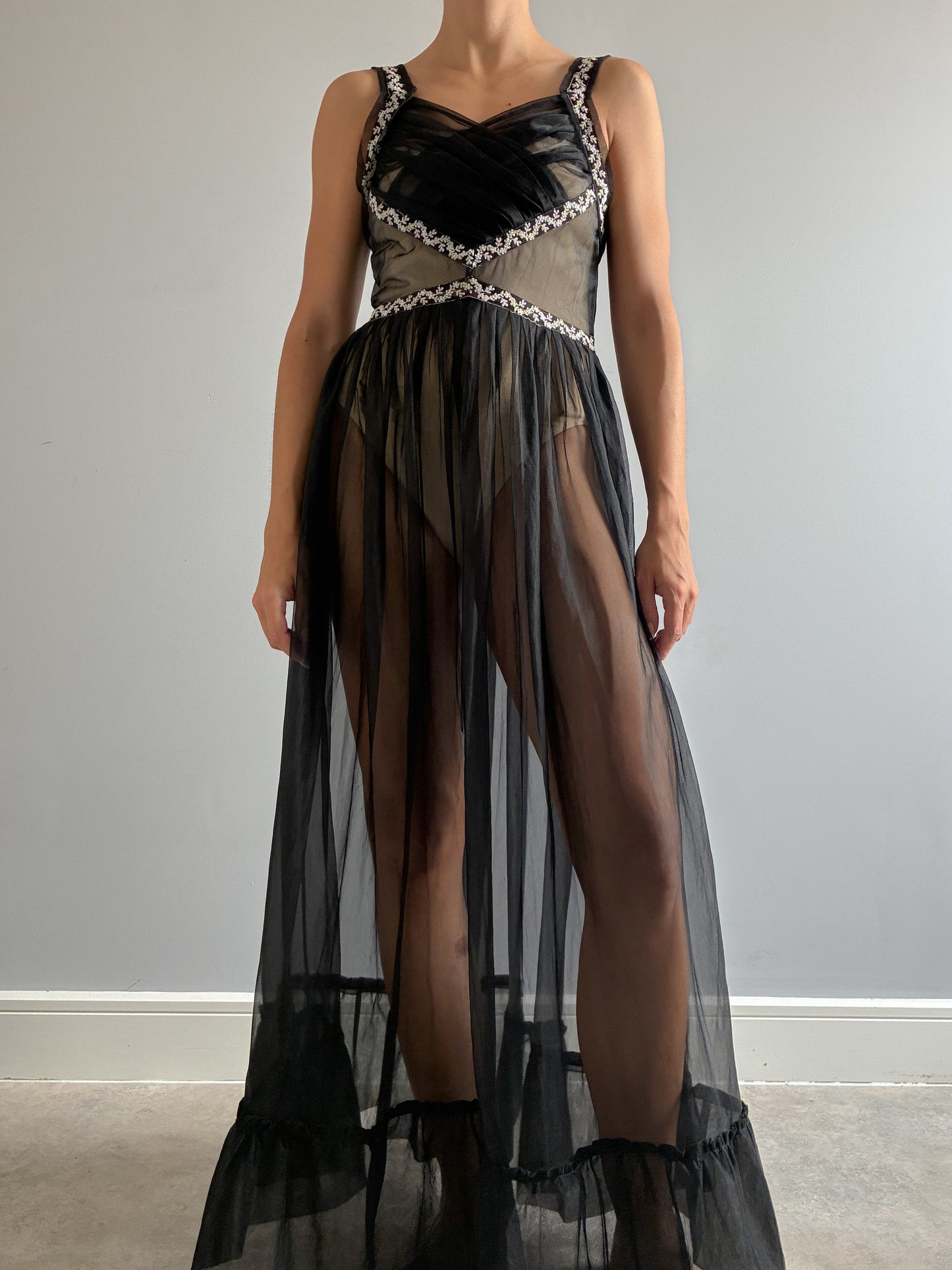 1950s Black Sheer Nightdress With Floral Embroidery