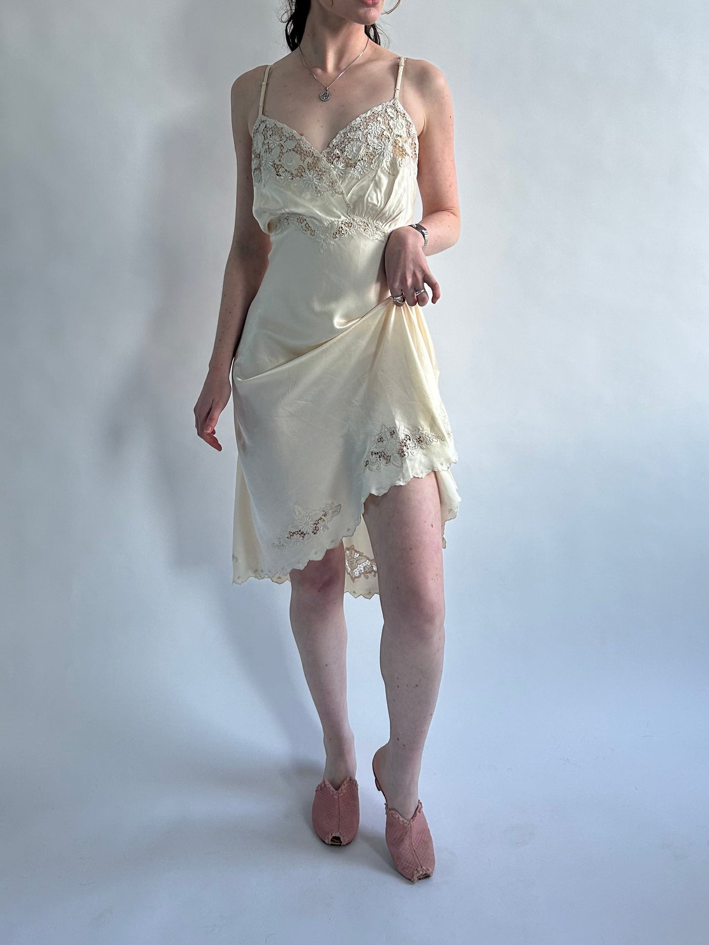 1930s Vanilla Silk Slip With Floral Embroidery