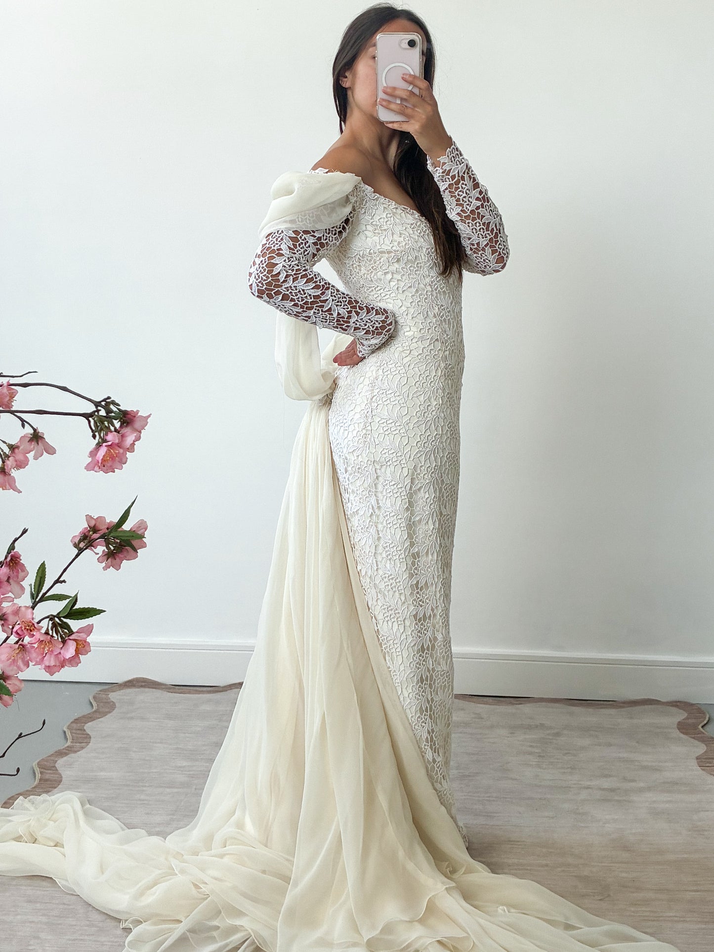 1980s Lace And Chiffon Column Dress With Detachable Cathedral Train S M