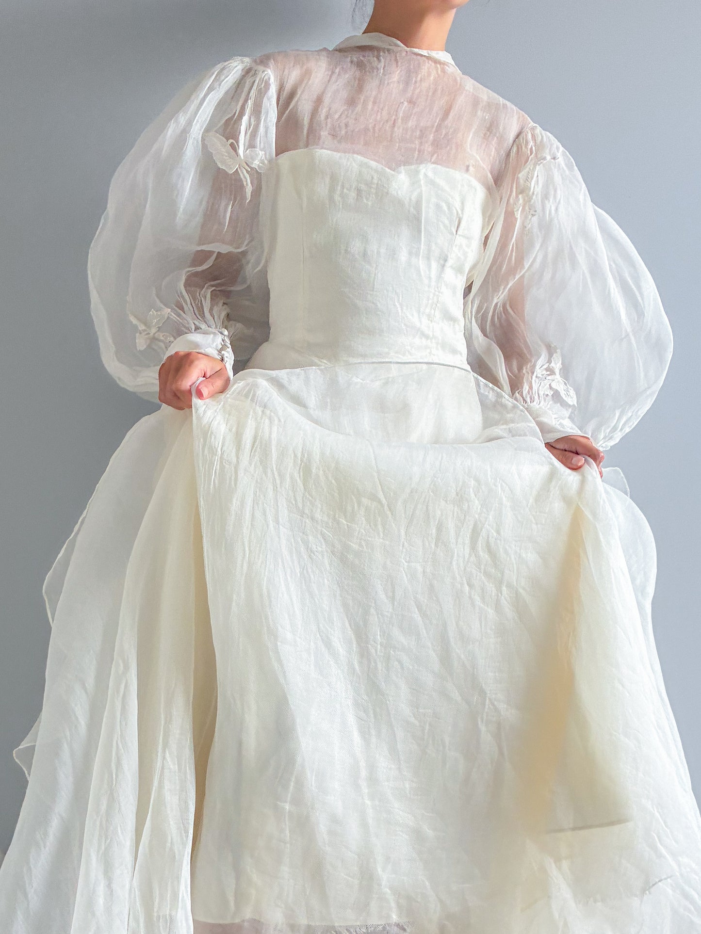 1940s Tiered Organza Wedding Gown With Puff Sleeves And Butterfly Detail