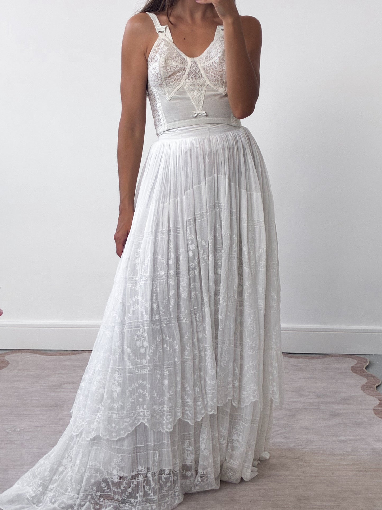 Edwardian Tiered Cotton Lawn Skirt With Floral Embroidery
