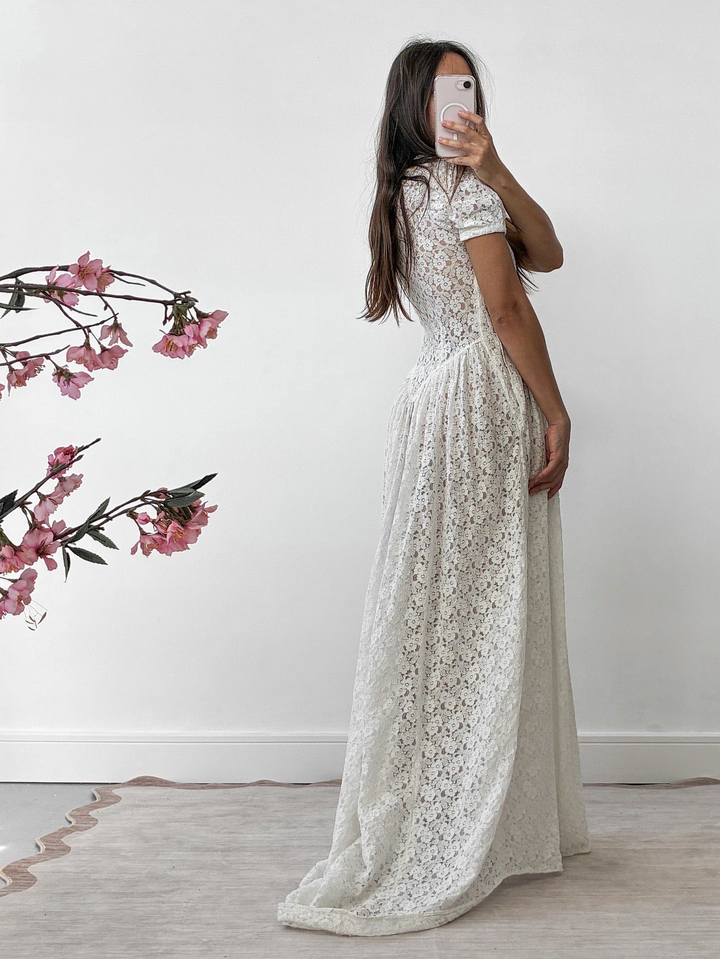 1930s Ivory Floral Lace Wedding Dress With Puff Sleeves And Sweep Train
