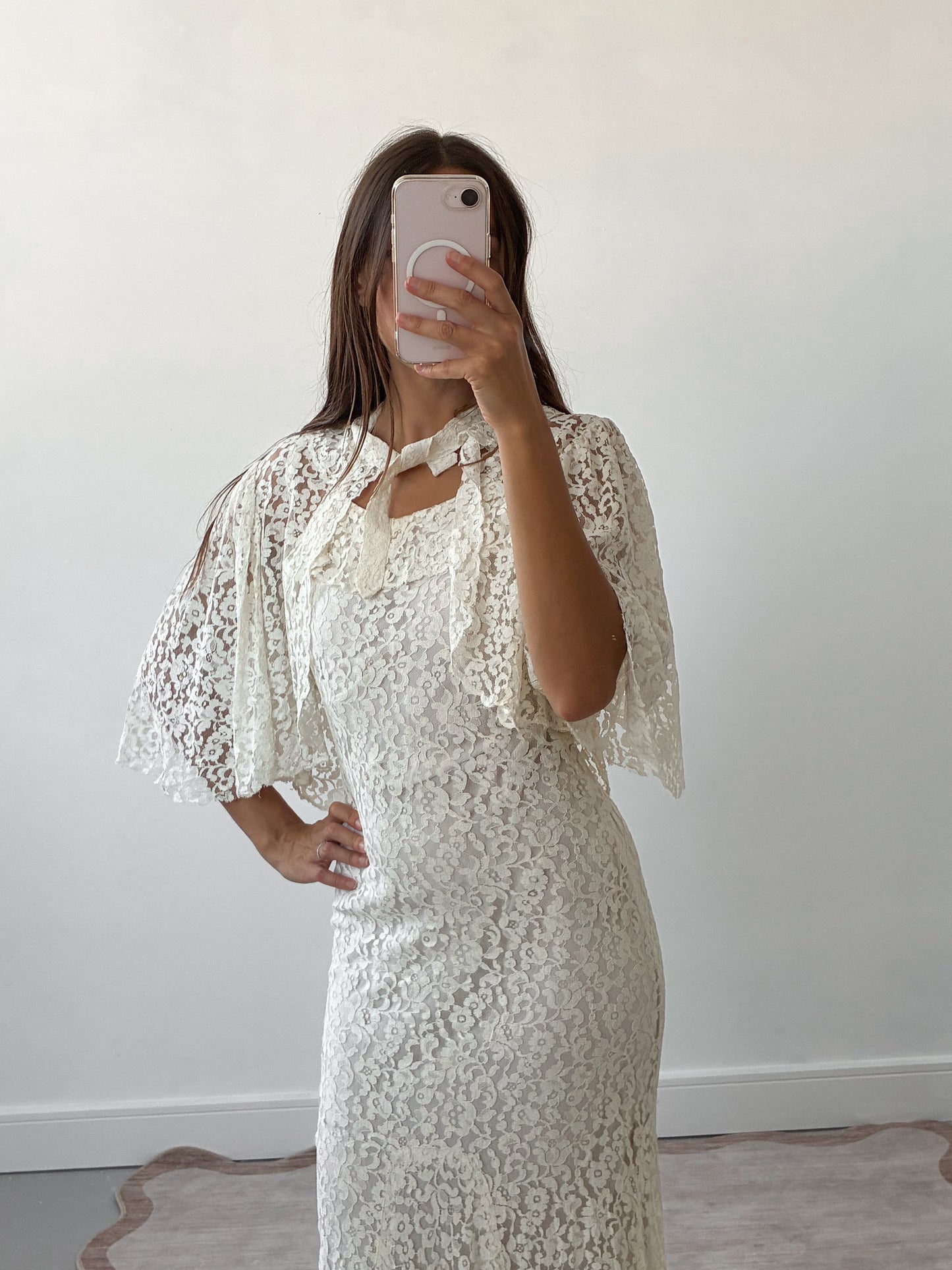 1930s Ivory Ruffled Bias Cut Wedding Dress In Cream Lace With Matching Bolero XS S