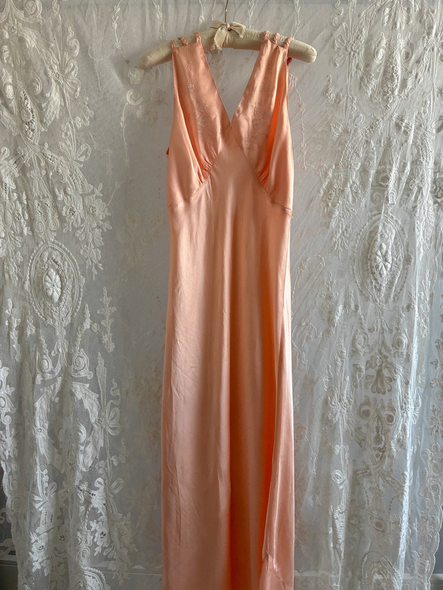 1930s Peachy Pink Pure Silk Slip Gown With Triple Straps