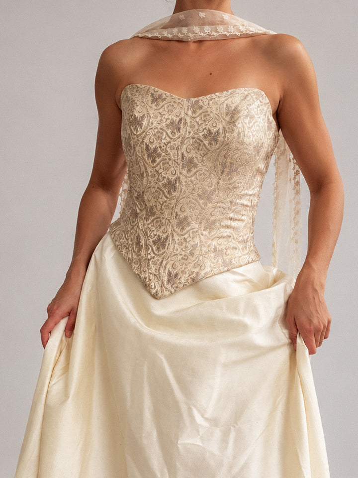 1990s Silk Boned Lace-Up Corset In Champagne Gold XS S M