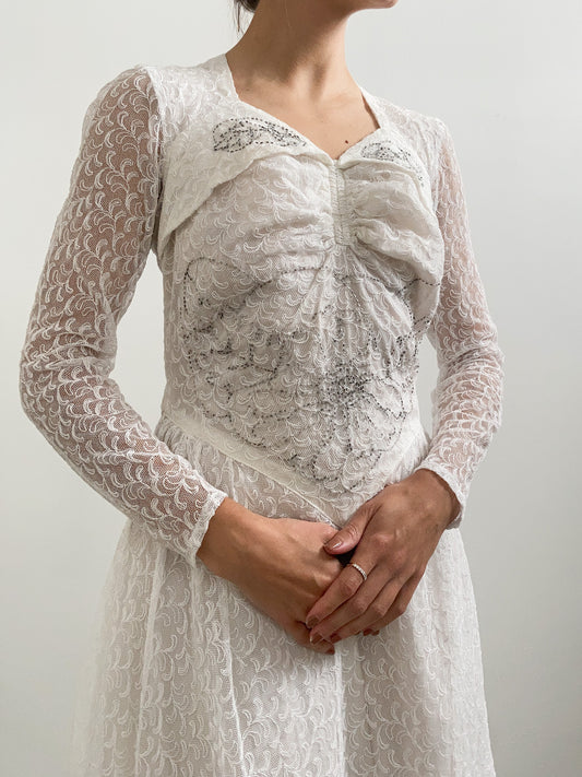 1940s Floral Lace Beaded Wedding Dress