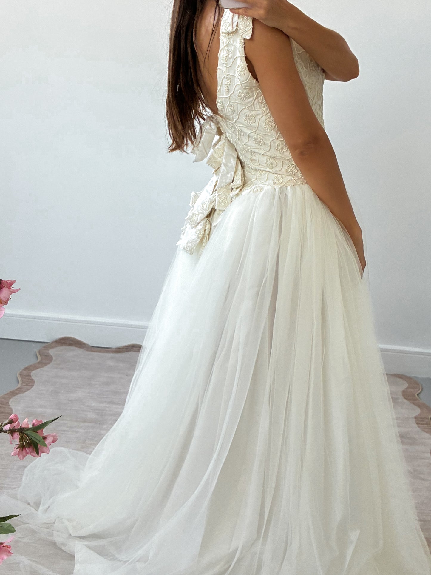 1990s Tulle Gown With Silk & Pearl Embroidered Corset And Bow Detail