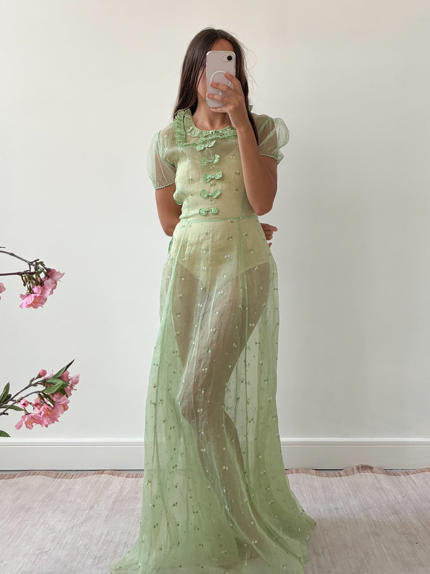 1930s Green Organza Dress With Bow Detail And Floral Embroidery M