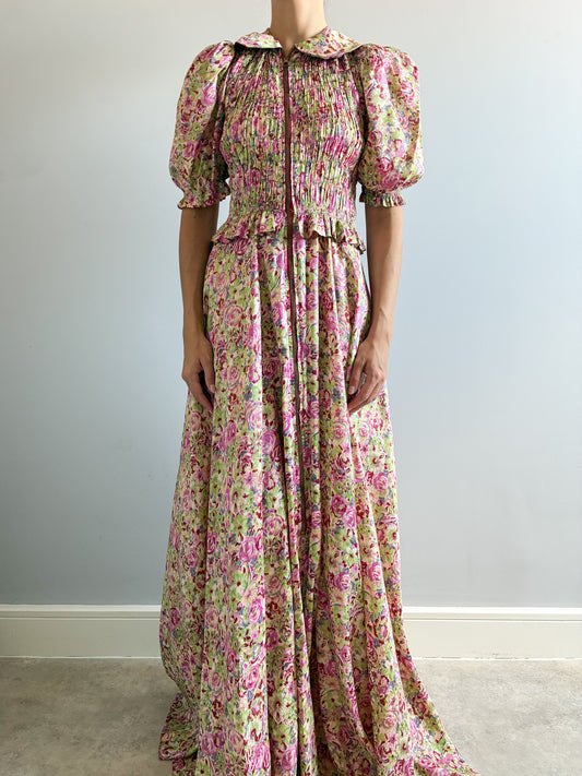 1930s Asymmetrical Floral Puff Sleeve Robe