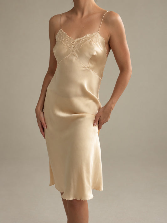 1990s Italian Silk Slip With Embroidery & Spaghetti Straps In Champagne Gold S M