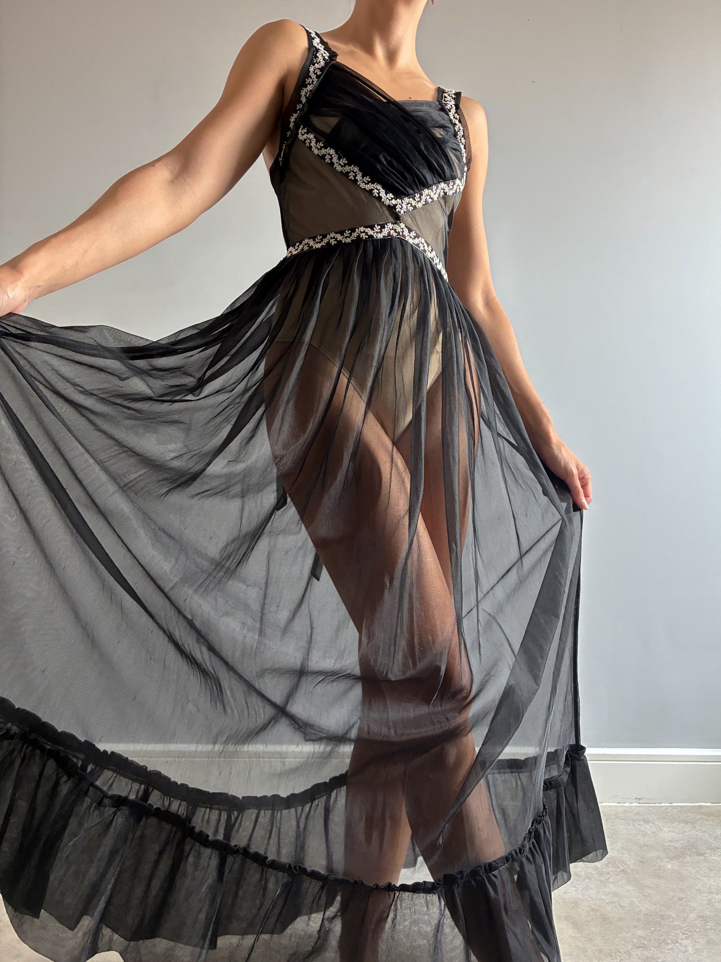 1950s Black Sheer Nightdress With Floral Embroidery