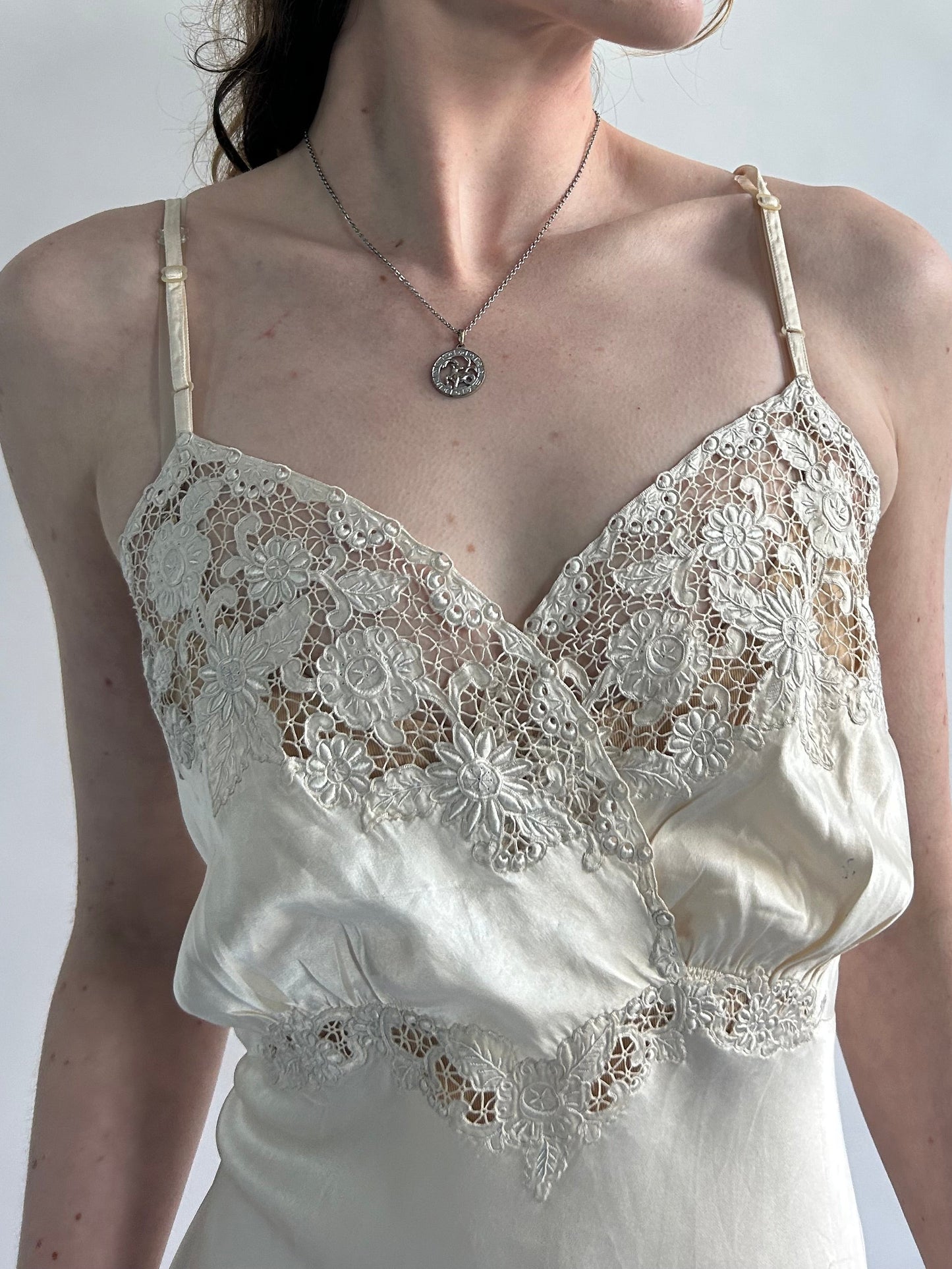 1930s Vanilla Silk Slip With Floral Embroidery