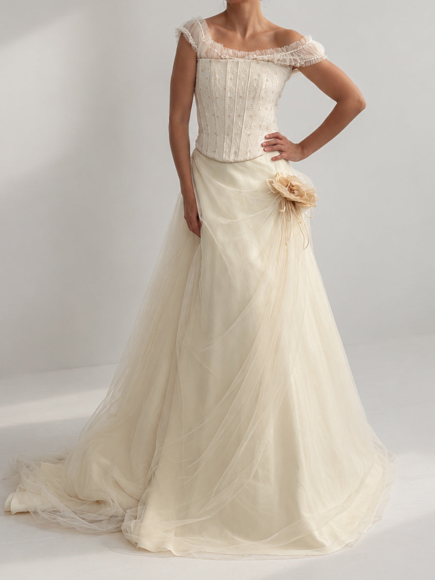 1990s Italian Bridal Two Piece With Embroidered Corset & Tulle Skirt XS S