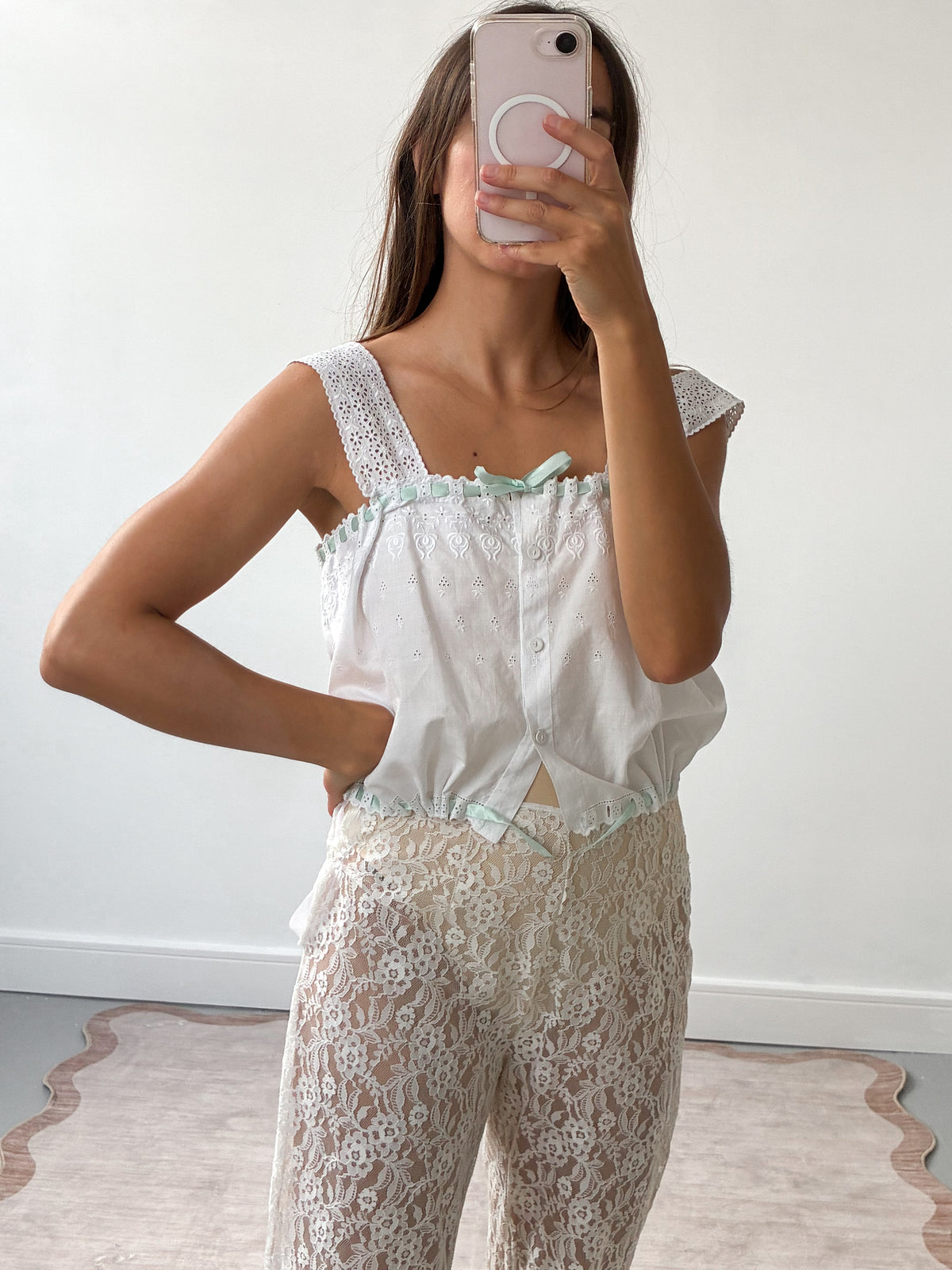 Antique Cotton Embroidered Camisole With Green Ribbon XS S