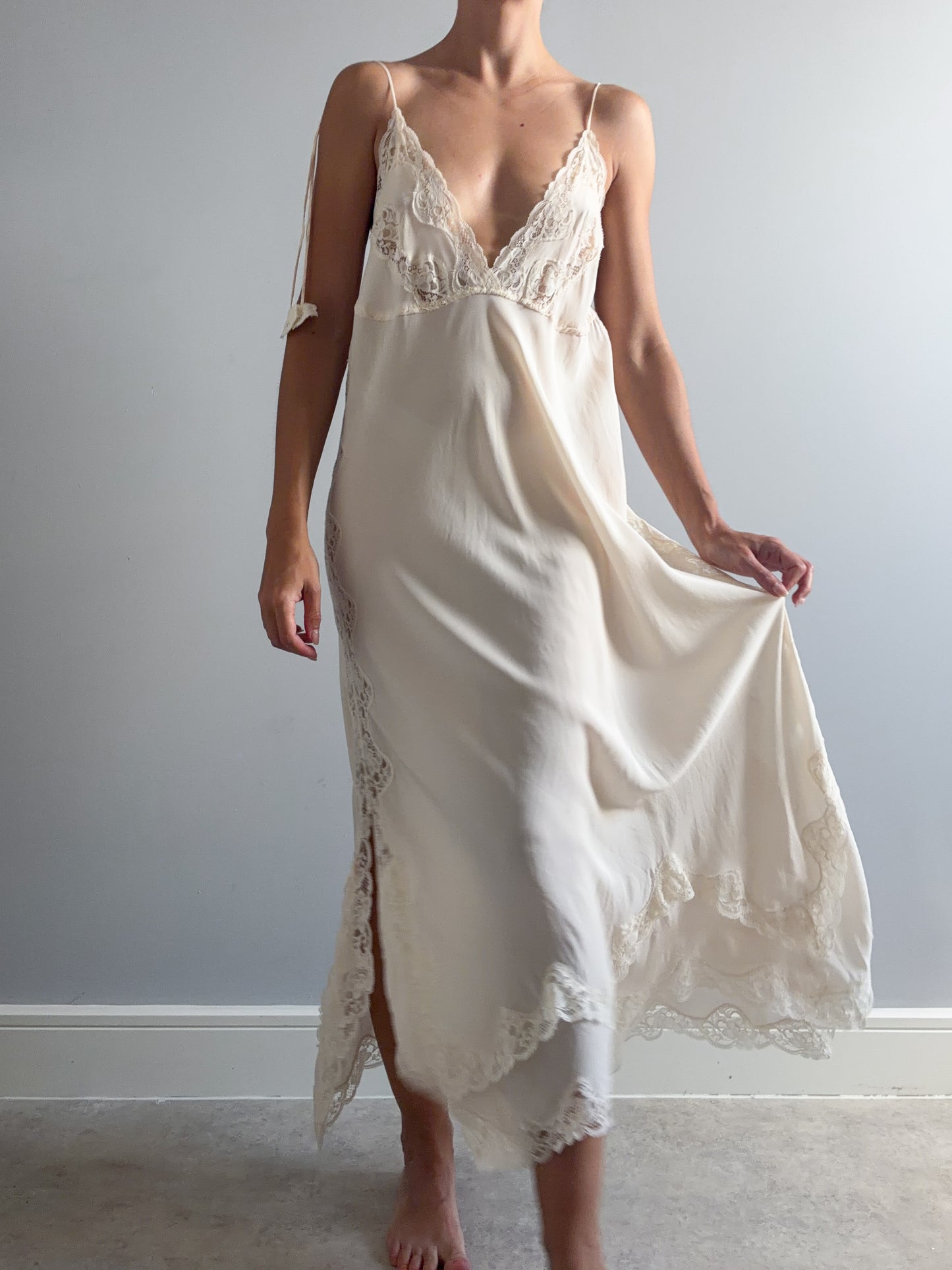 1970s Designer Pure Silk Nightgown With Lace Inserts