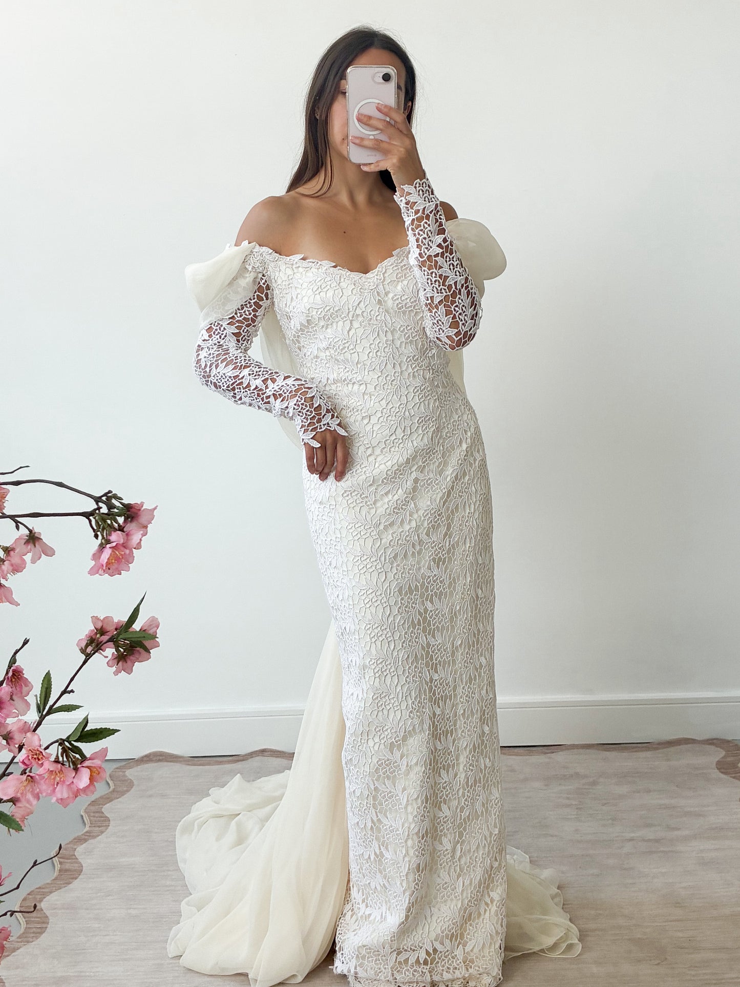 1980s Lace And Chiffon Column Dress With Detachable Cathedral Train S M