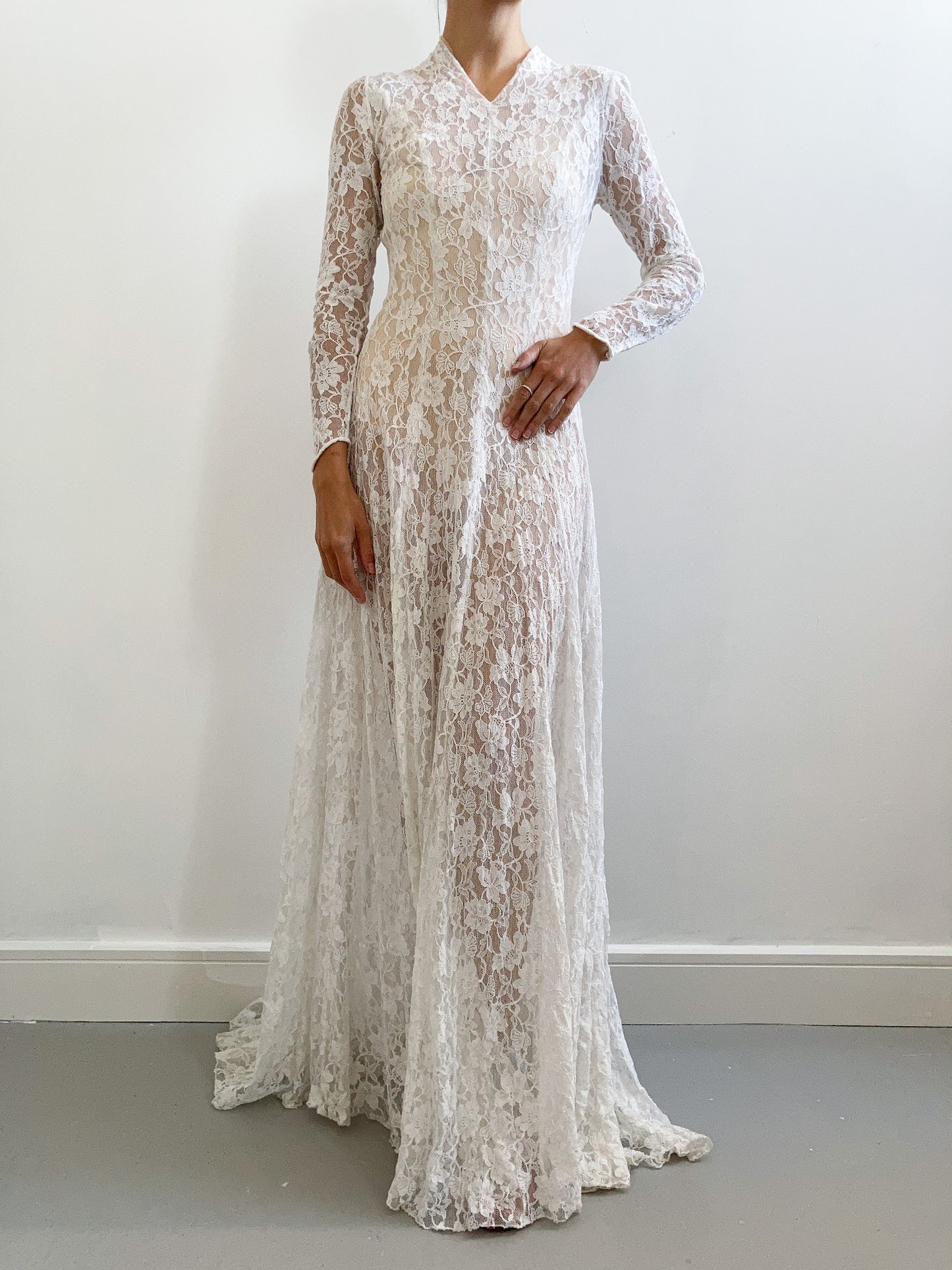 1940s All Floral Lace Wedding Gown with Train