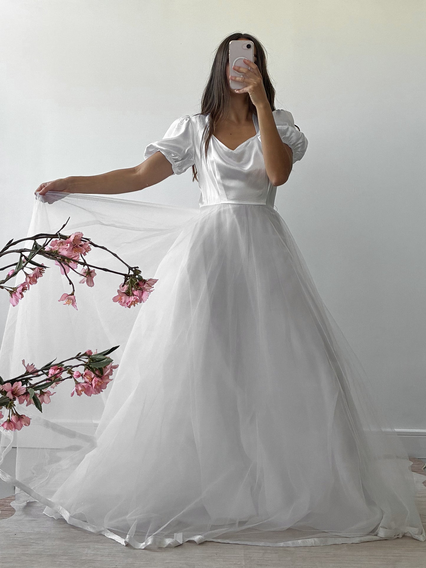 1983 Satin Puff Sleeve Gown With Chiffon Skirt And Scarf