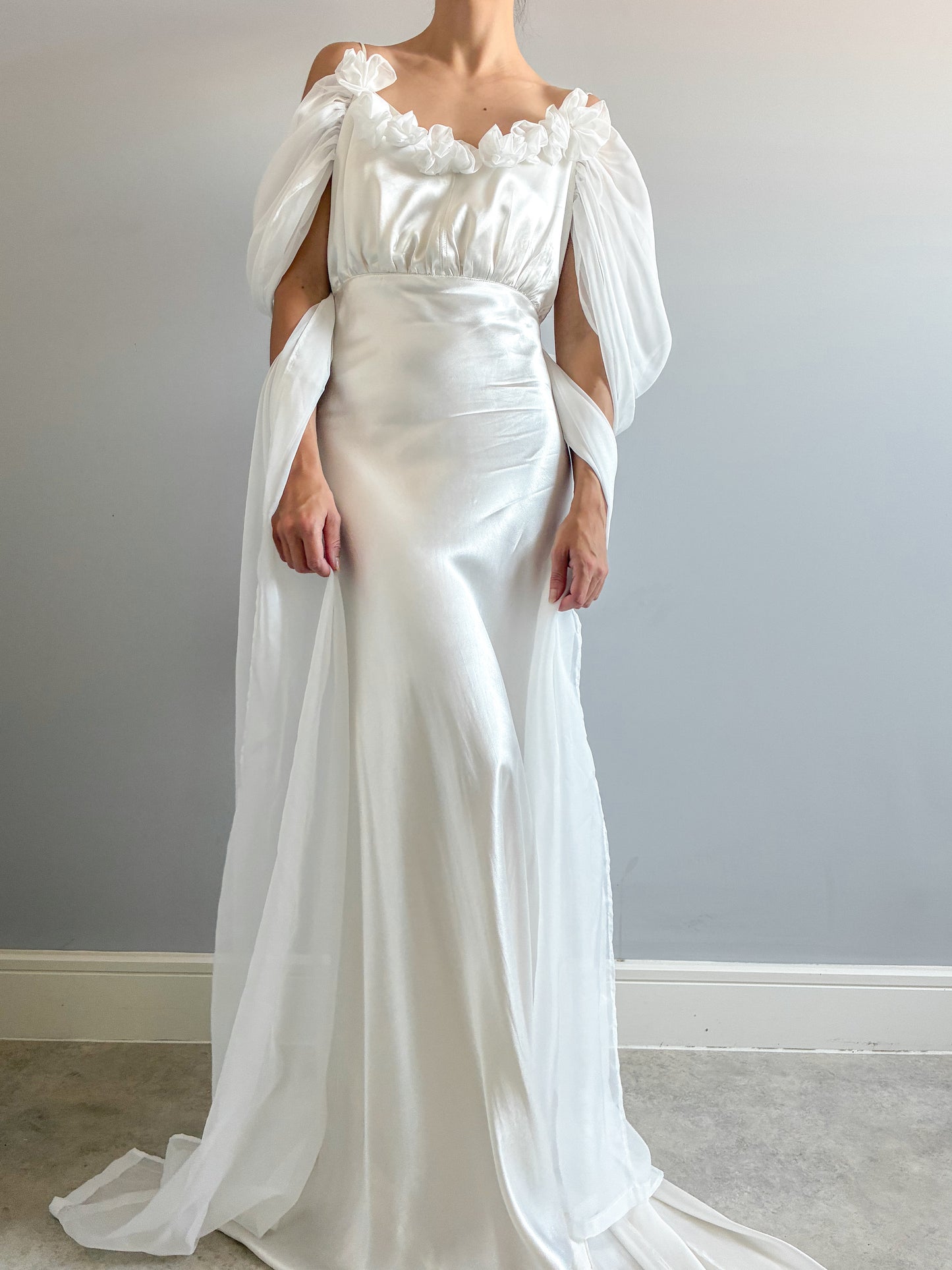 1930s Silk Wedding Gown With Chiffon Sleeves And Bow Detail