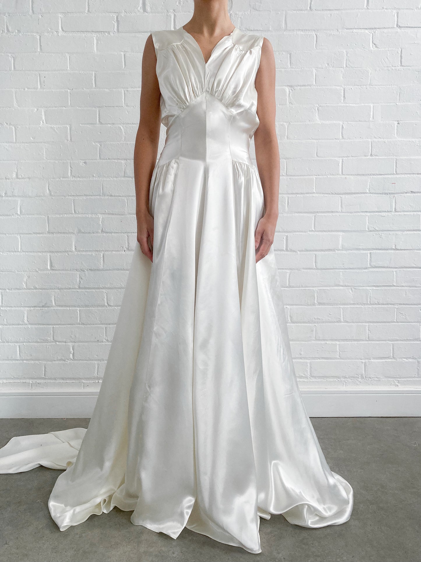 1940s Gathered Satin Wedding Gown with Chapel Train