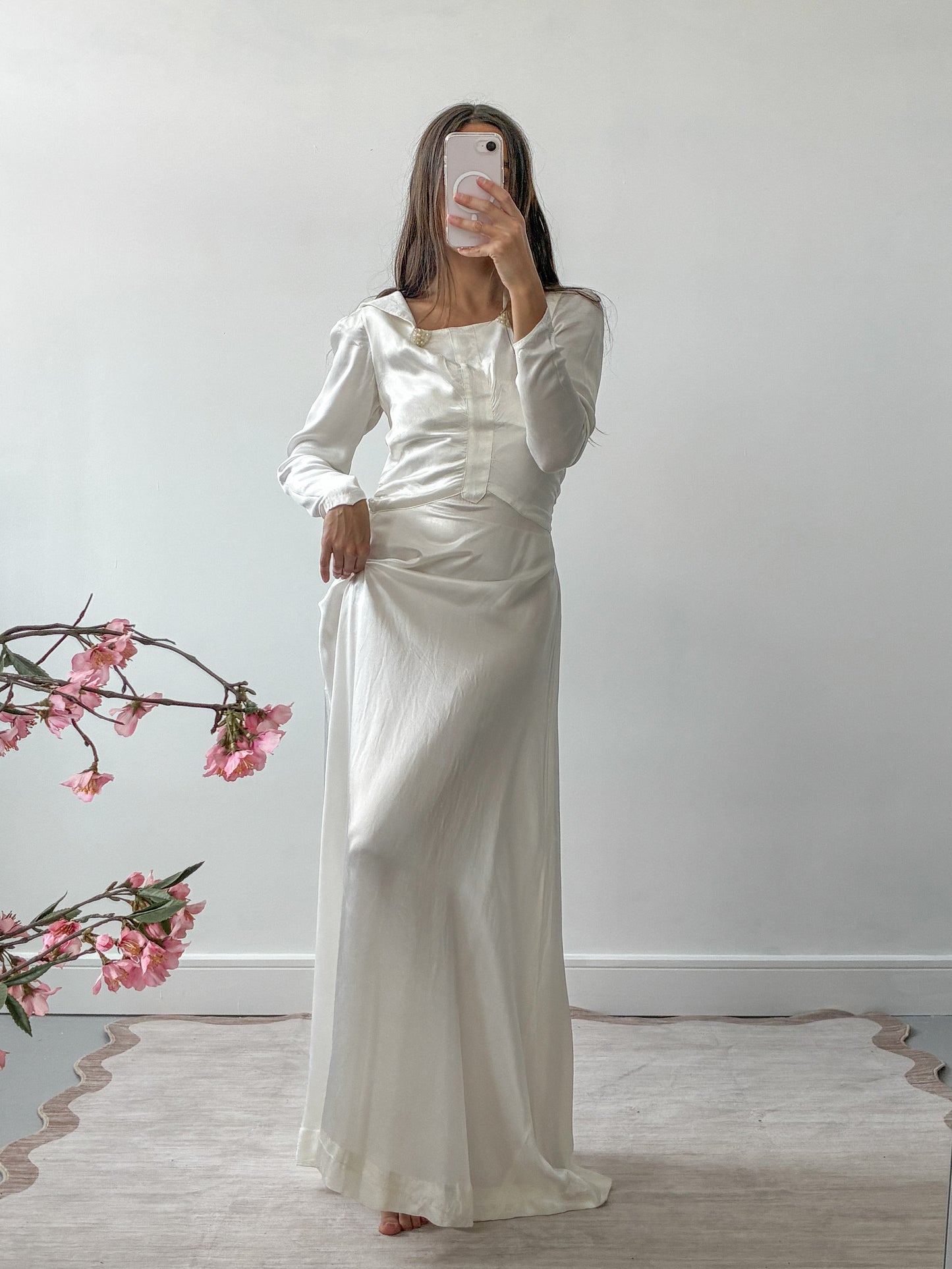 1940s Satin Wedding Dress With Pearl Detail