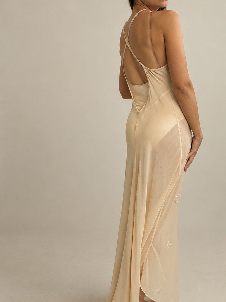 1990s Yellow Silk Chiffon Halterneck Slip Gown XS S M