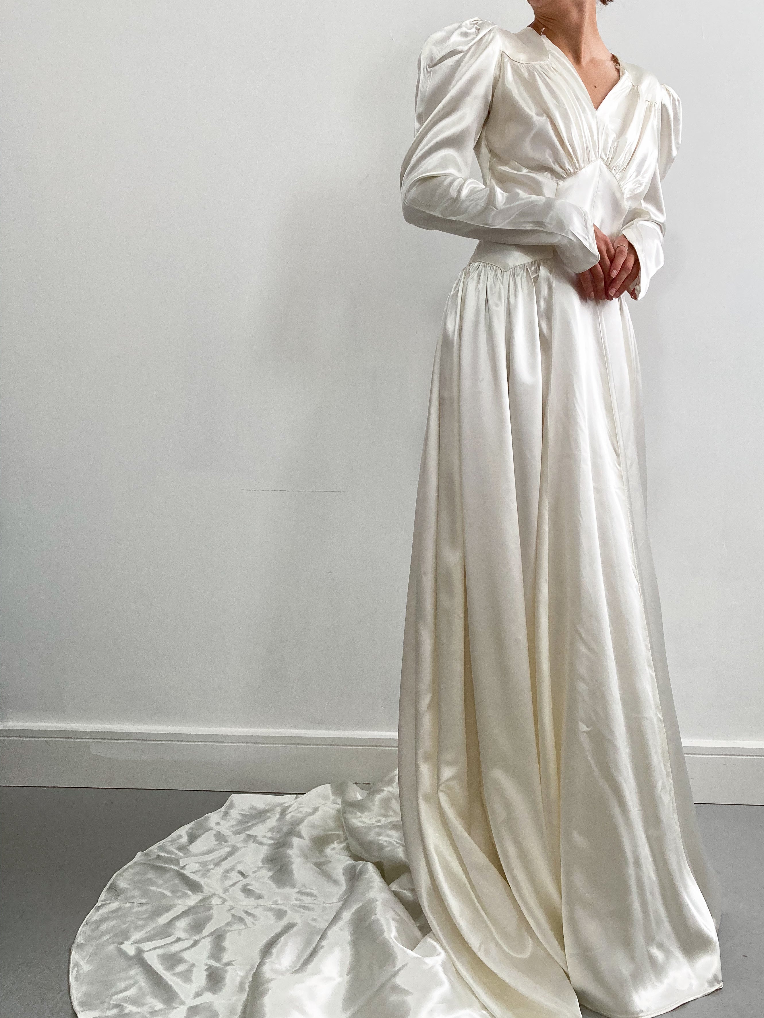 1940s Sweetheart Puff Sleeve Satin Wedding Gown with Train Adored Closet