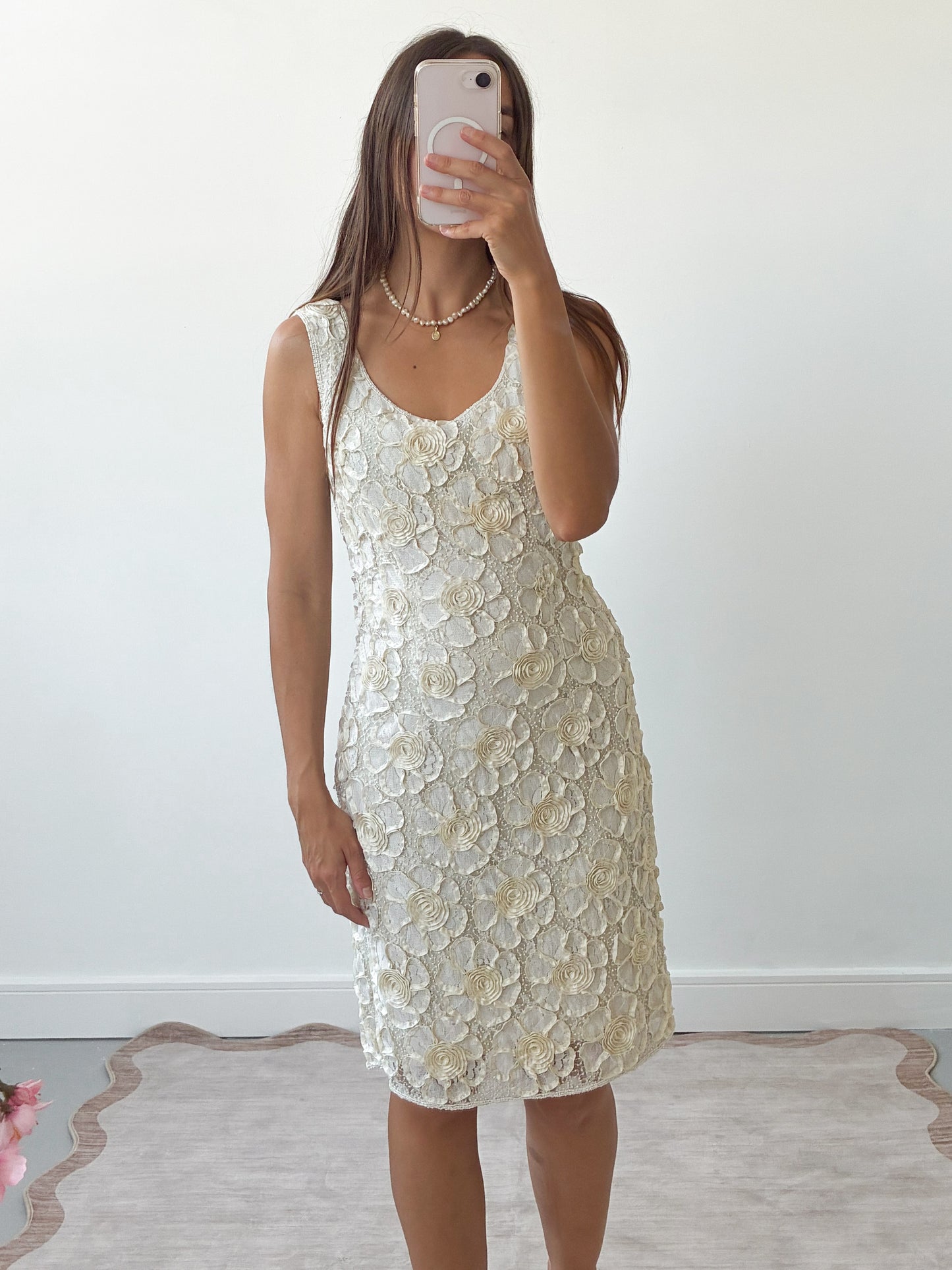 1980s Silk And Pearl Embroidered 3D Flower Mini Dress S M