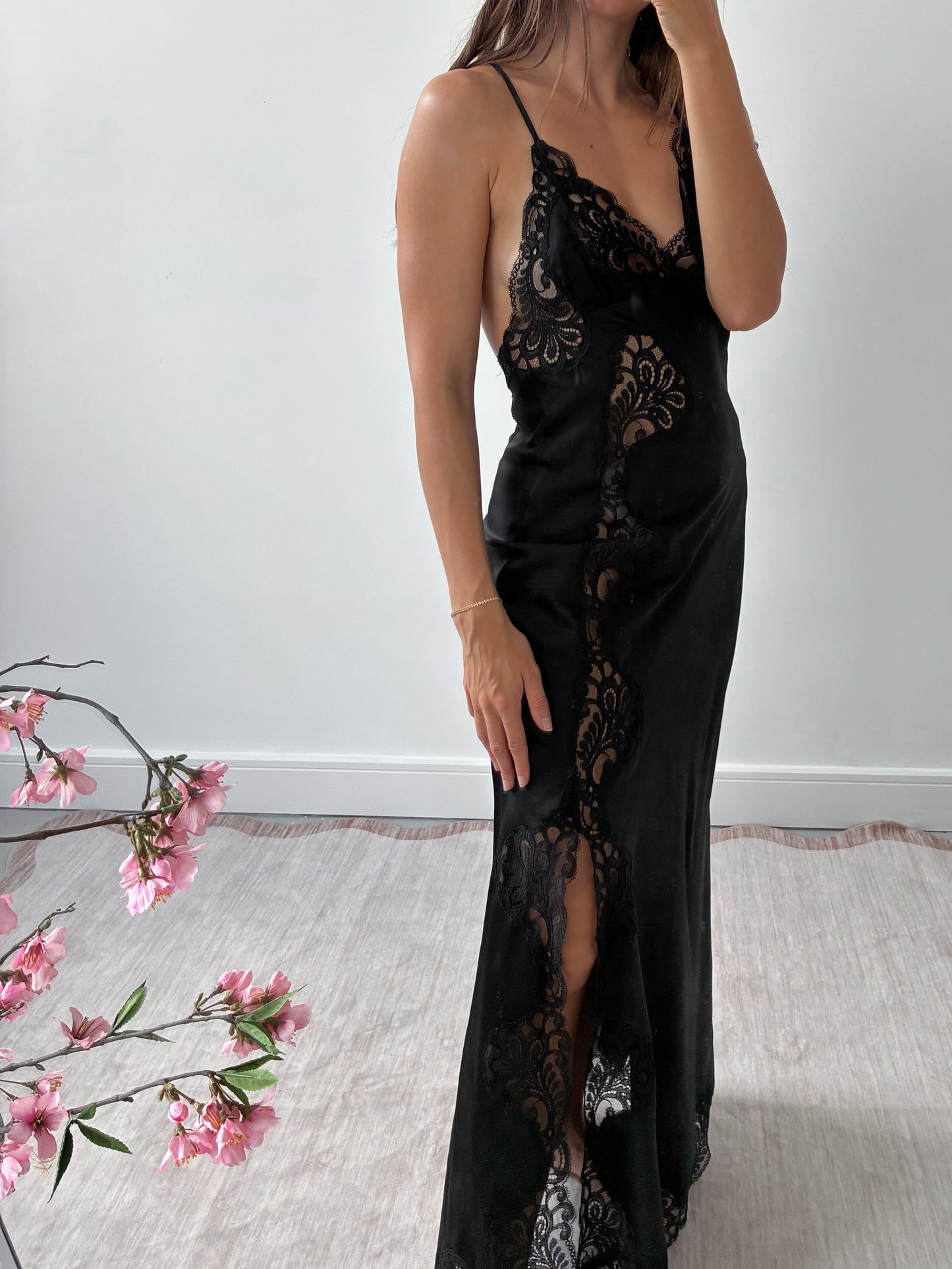 1970s Black Satin Slip With Lace And Side Opening S