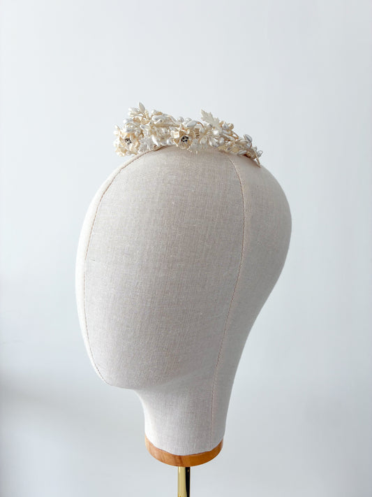 1930s Delicate Wax Pearl Diamanté Flowers Headpiece