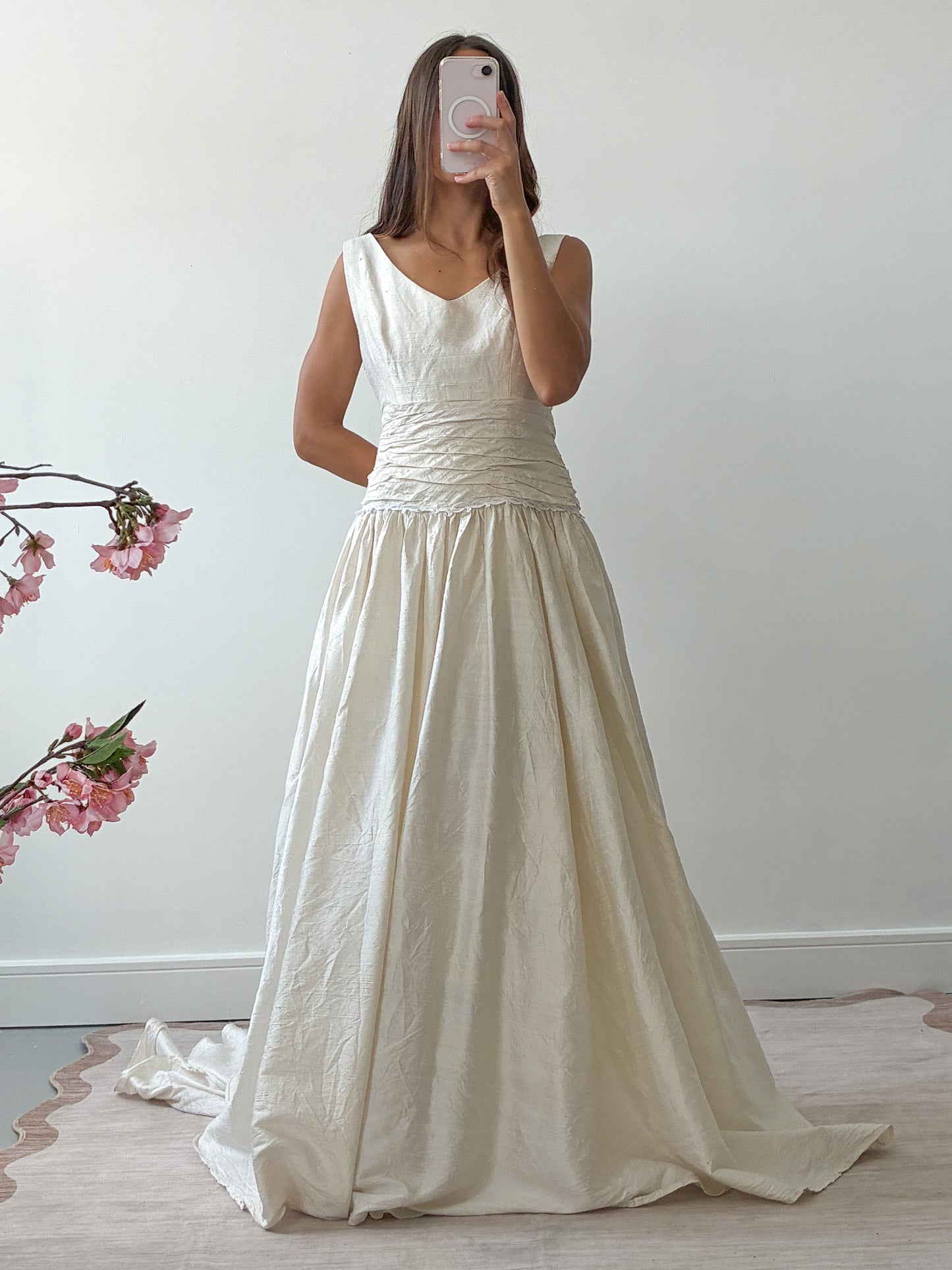 1980s Raw Silk Princess Dress With Wrap Bodice And Full Train