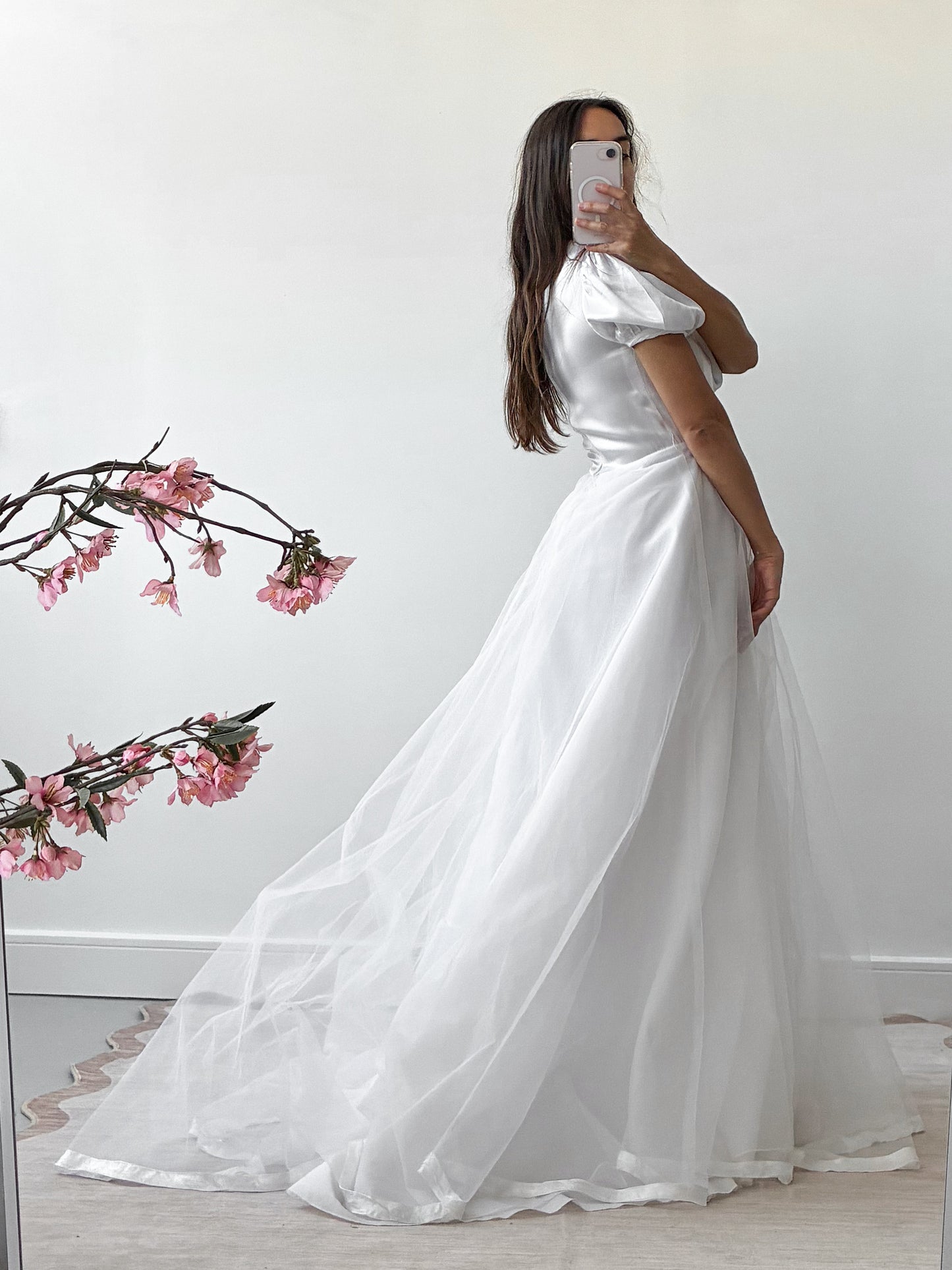 1983 Satin Puff Sleeve Gown With Chiffon Skirt And Scarf