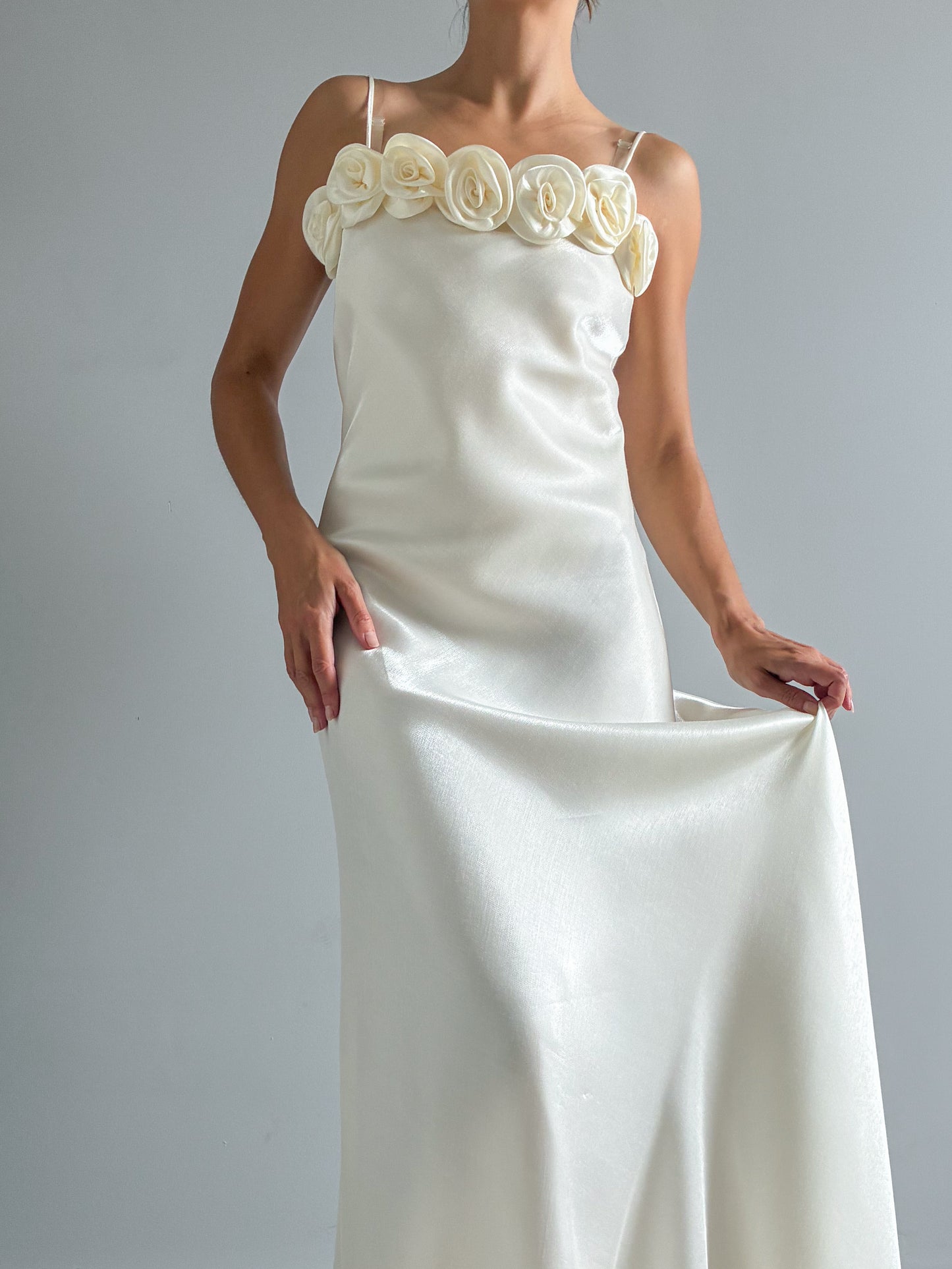 1990s Minimalist Satin Wedding Dress With Rose Detail