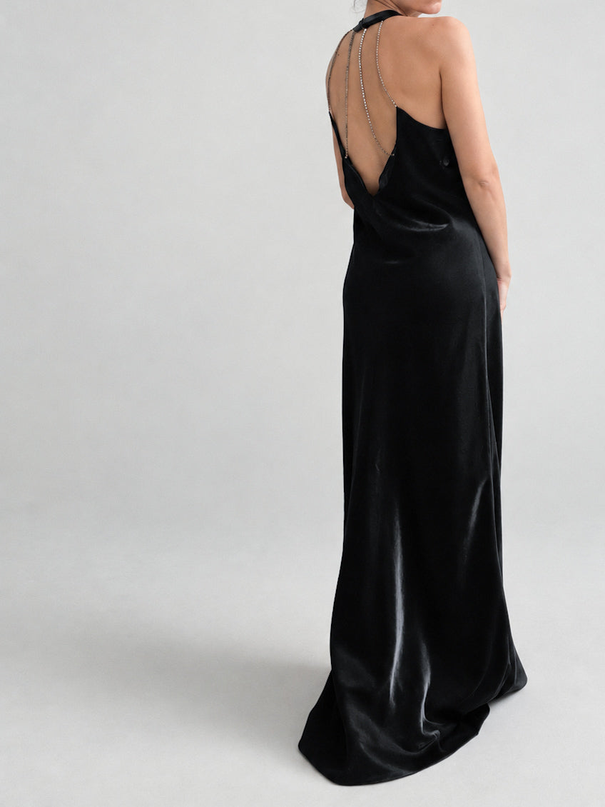 1990s Black Evening Gown with Cage Back and Diamante Straps M