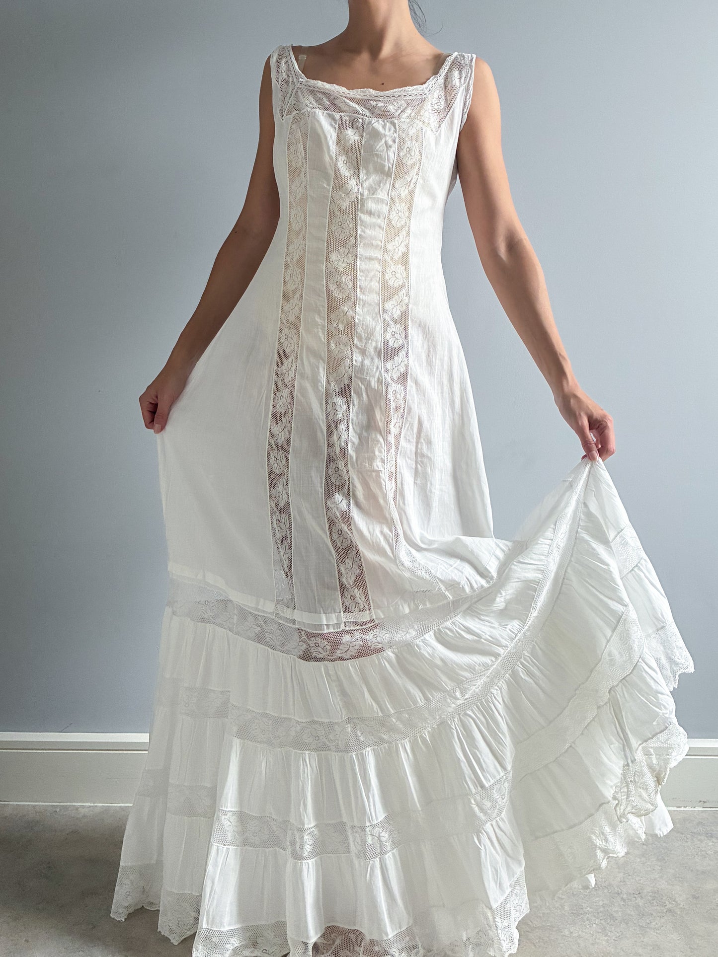 Antique Cotton Shift Dress With Ruffle Hem