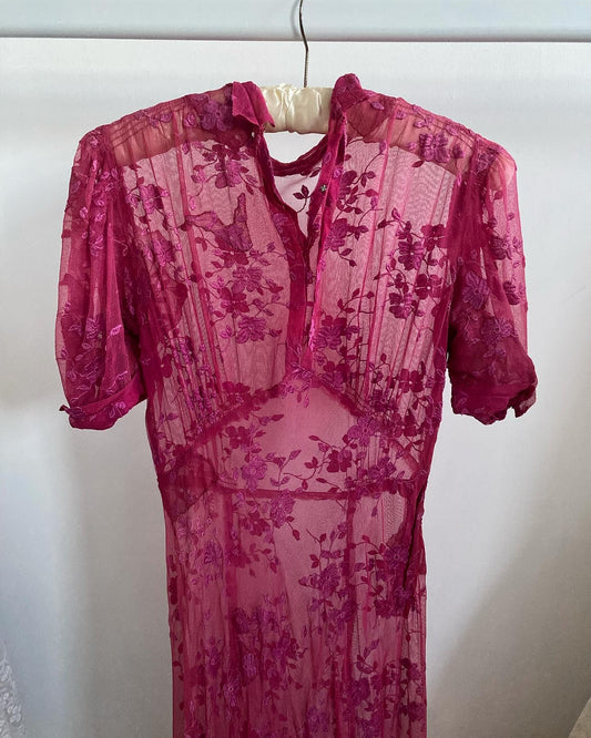 1930s Raspberry Floral Net Lace Chiffon Gown with Puff Sleeves